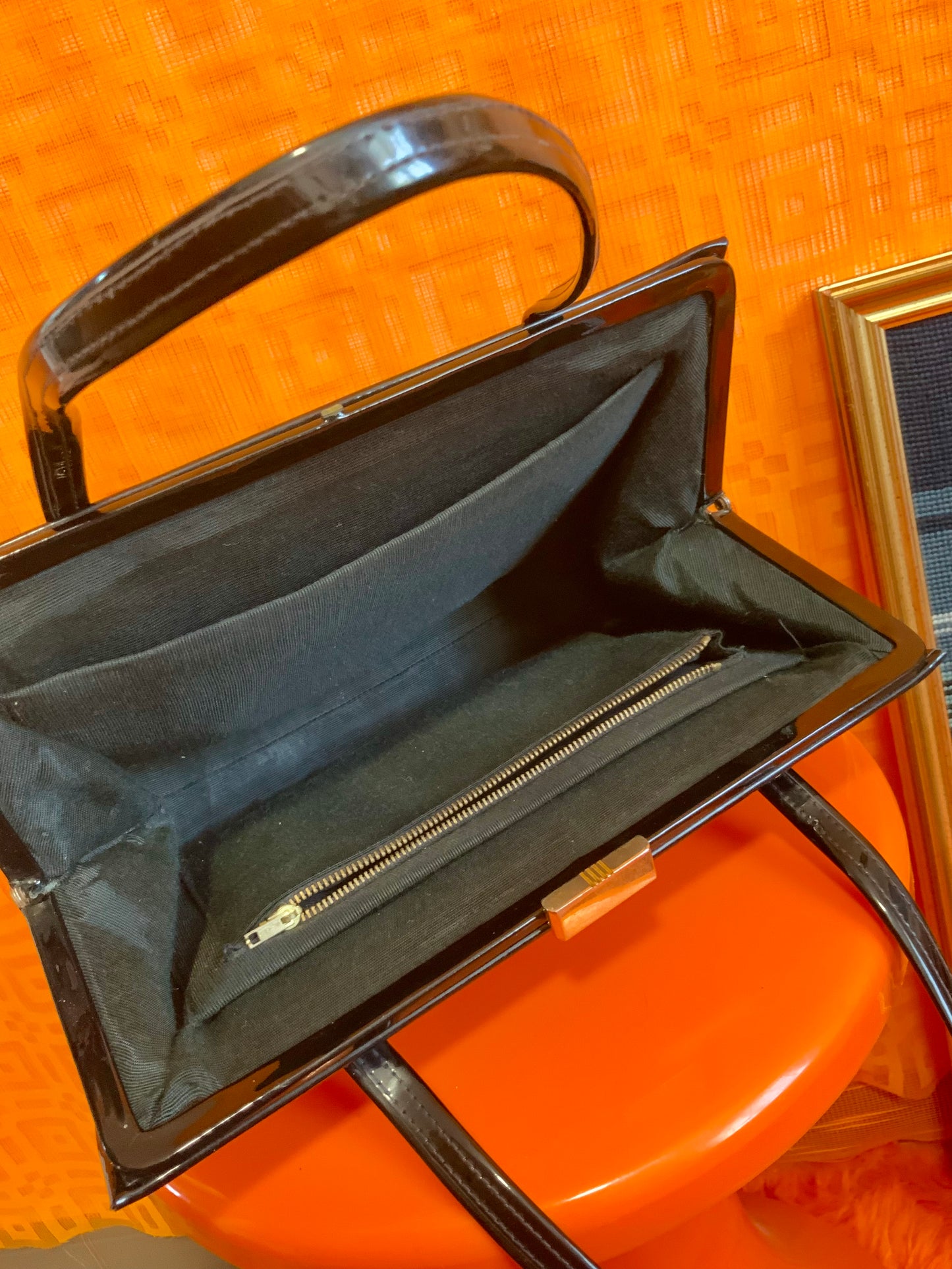 Grand sac à Main en Cuir Vernis noir Vintage Ancien 1950/60