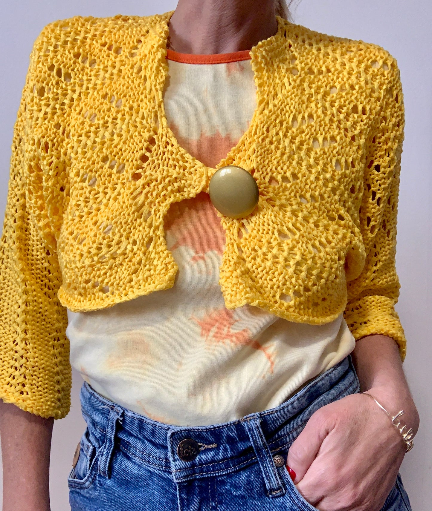 Gilet court mailles crochets Oranges Dos magique Vintage Tricots Arthur