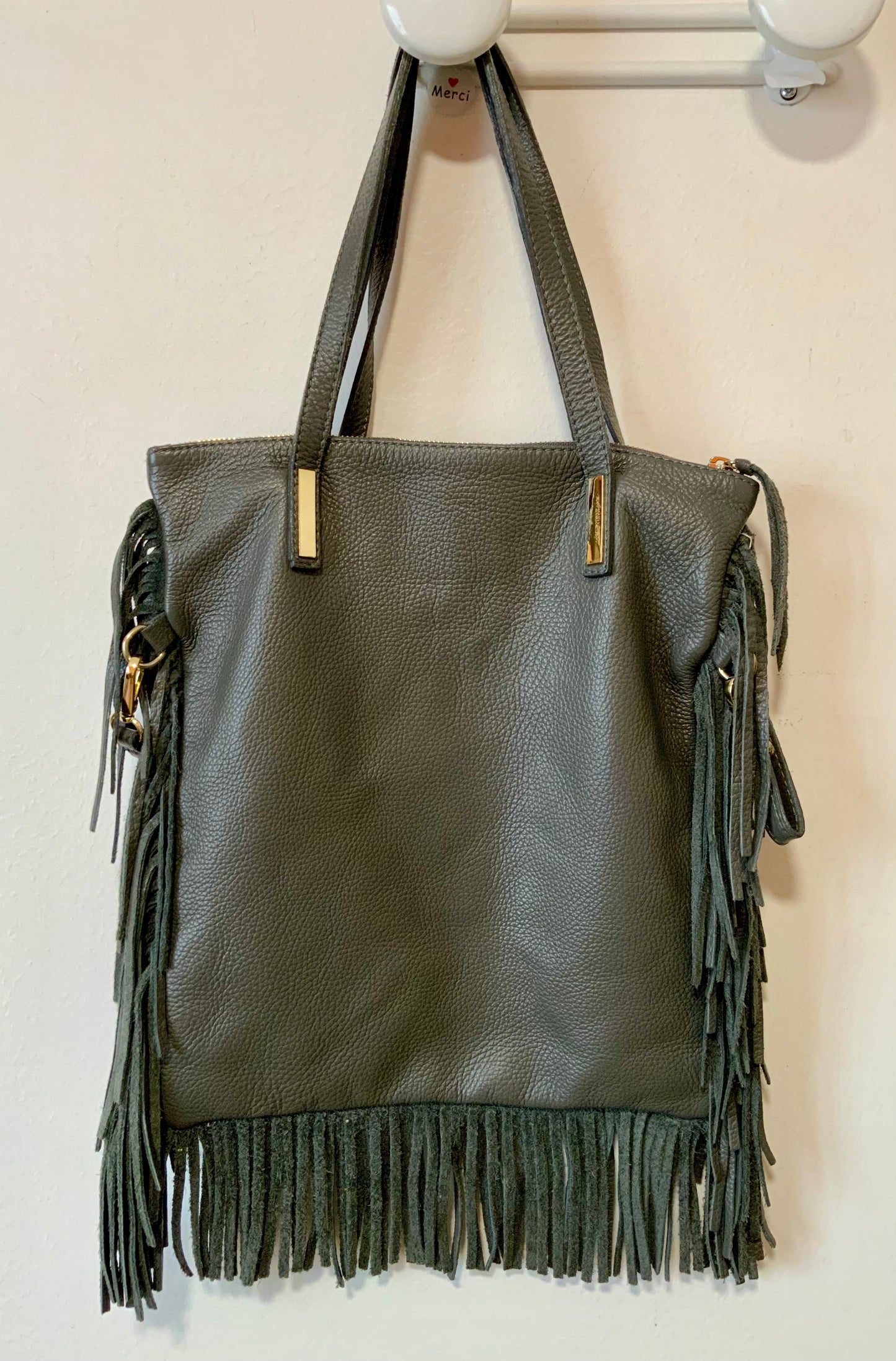 Sac à main a franges cuir gros grains gris Italy