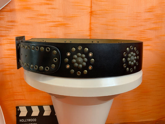 Ceinture cuir noir métal Vintage- T40