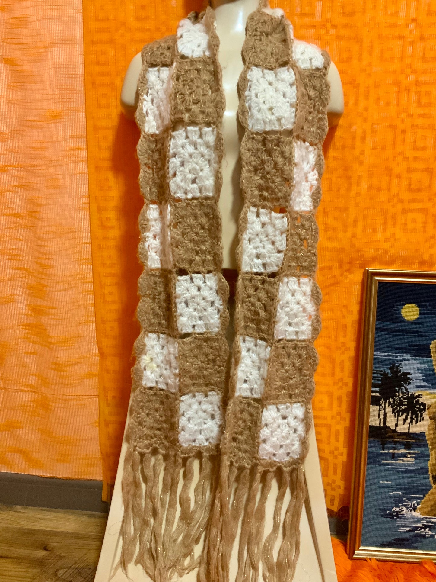 Sublime grande Écharpe Tricot Laine Faite main pailletée 1970 Vintage