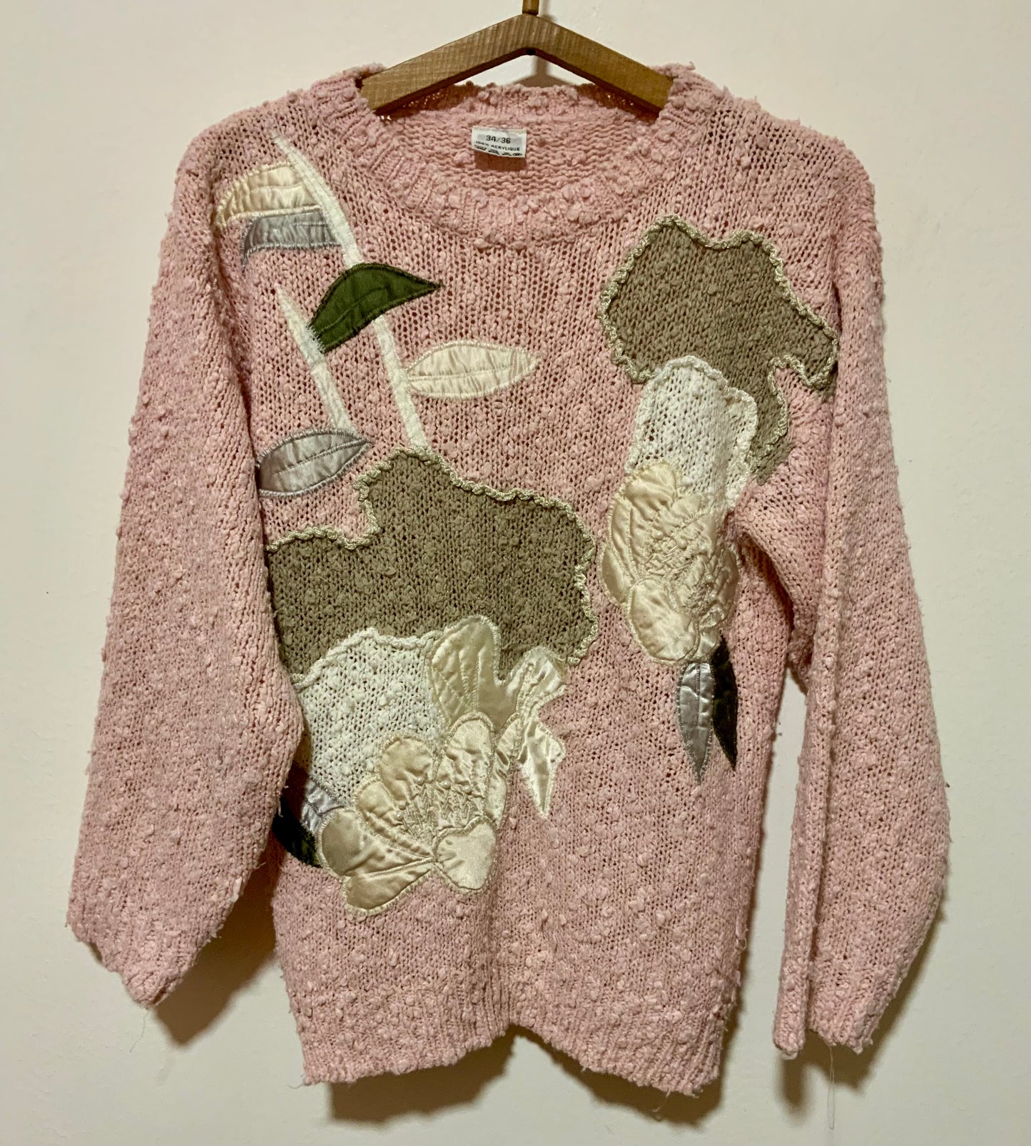 Pull Laine rose à fleurs Vintage 1980- T38