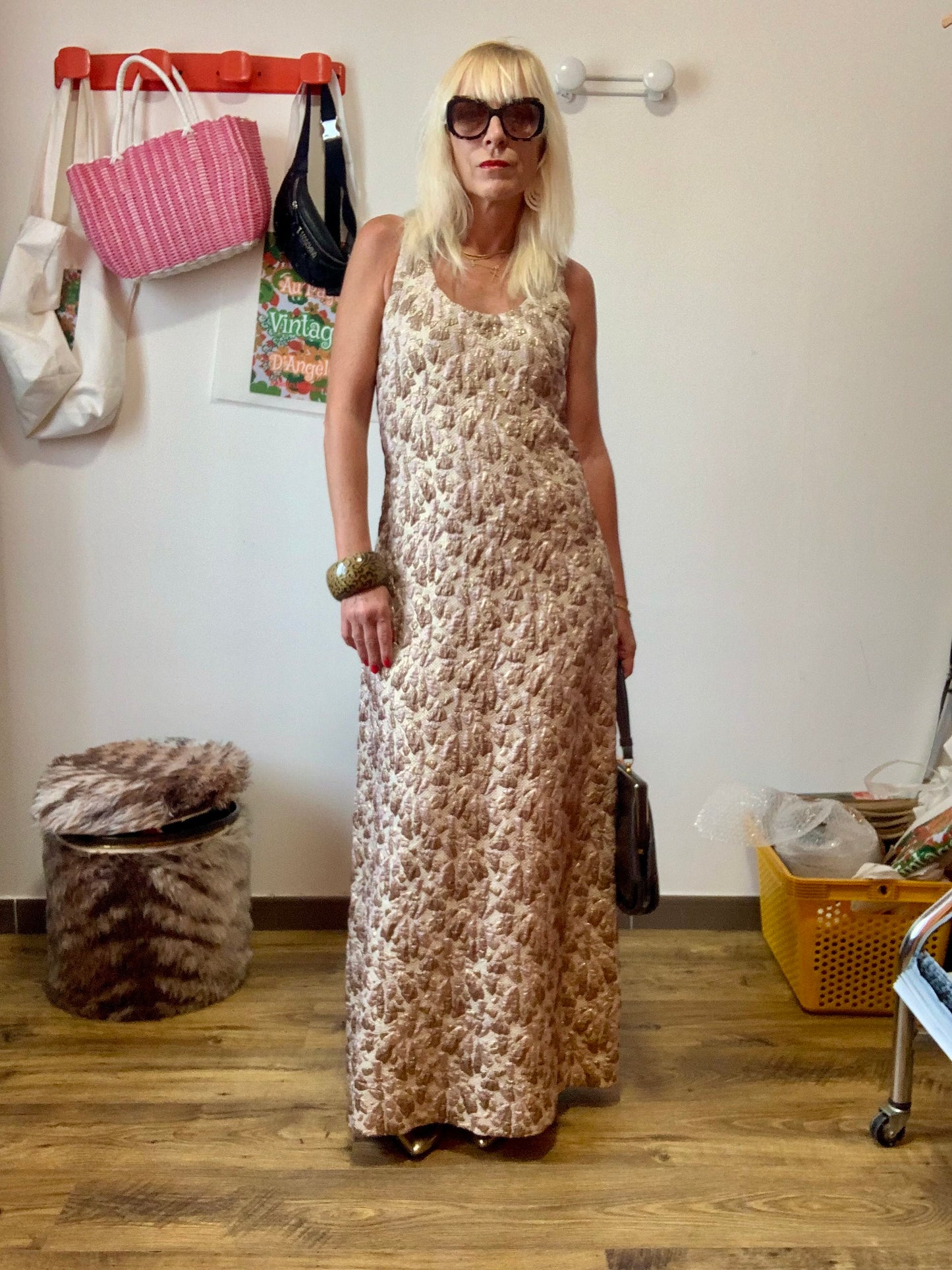 Robe Longue Vintage 1960 Confection main Tissu Brocart- T40 maxi.