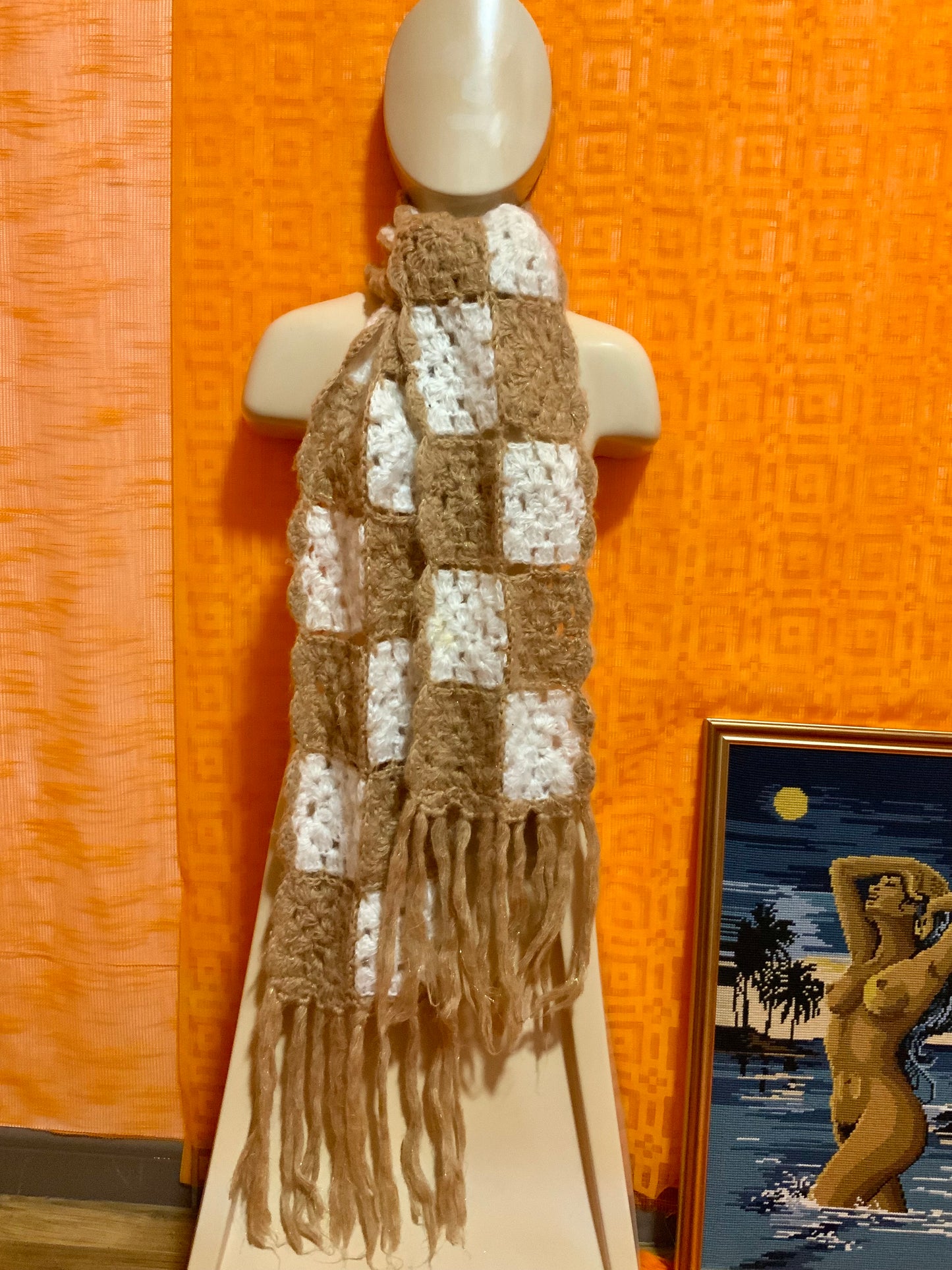 Sublime grande Écharpe Tricot Laine Faite main pailletée 1970 Vintage