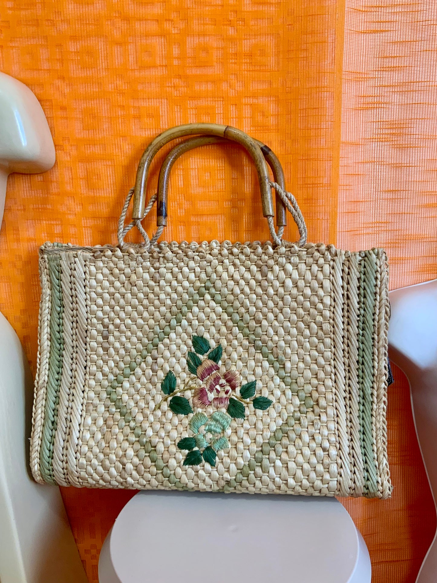 Très grand panier Italy Vintage Fleurs Paille tressée