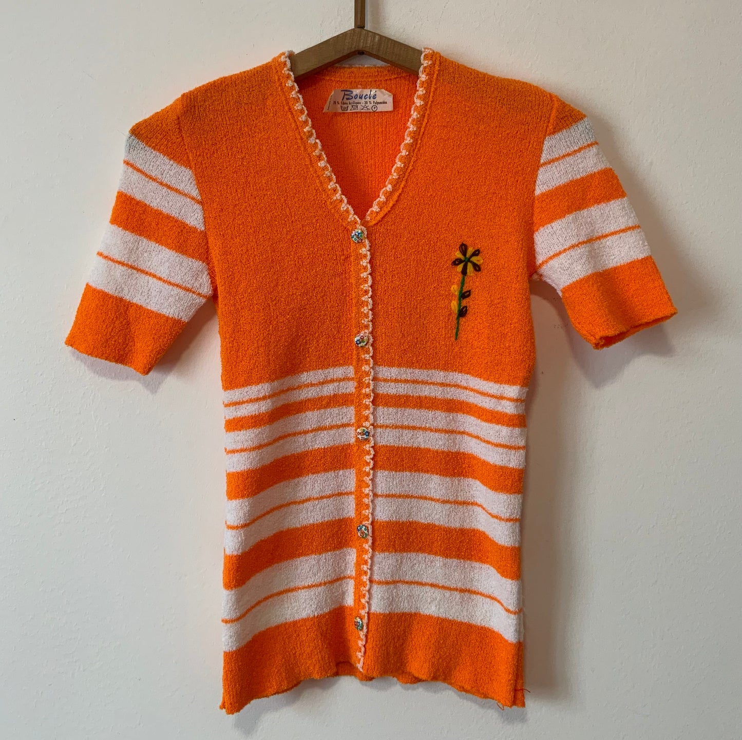 Gilet laine bouclée orange Vintage 1970 - T38 maxi.