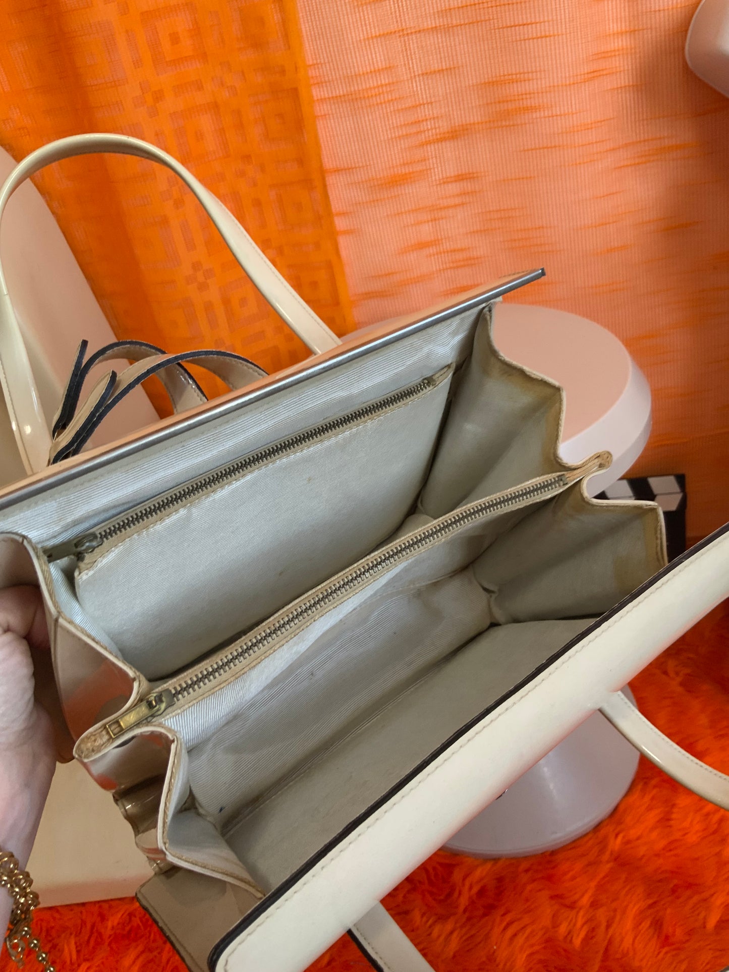 Élégant Sac cuir vernis blanc Ancien Années 50/60 Vintage