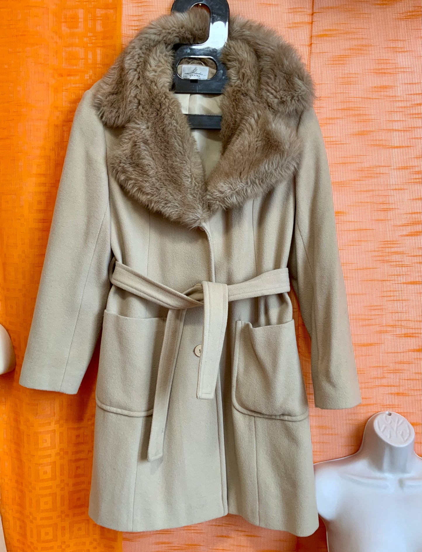 Manteau Laine Vintage 1990 Col Fourrure Synthétique - T42/44 maxi.