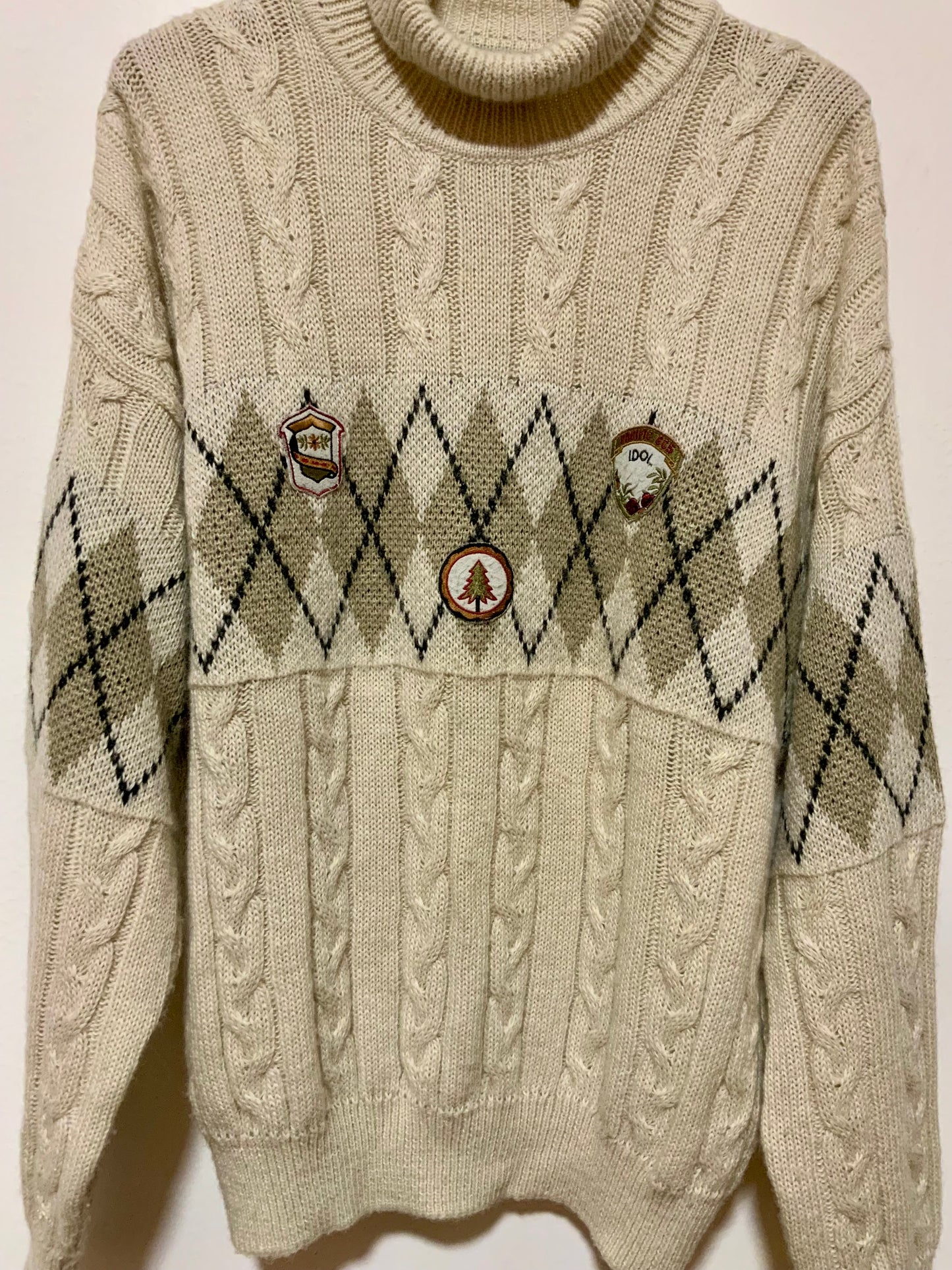 Pull Col roulé motifs Burlington carreaux et torsades Vintage Italy 1990- TU