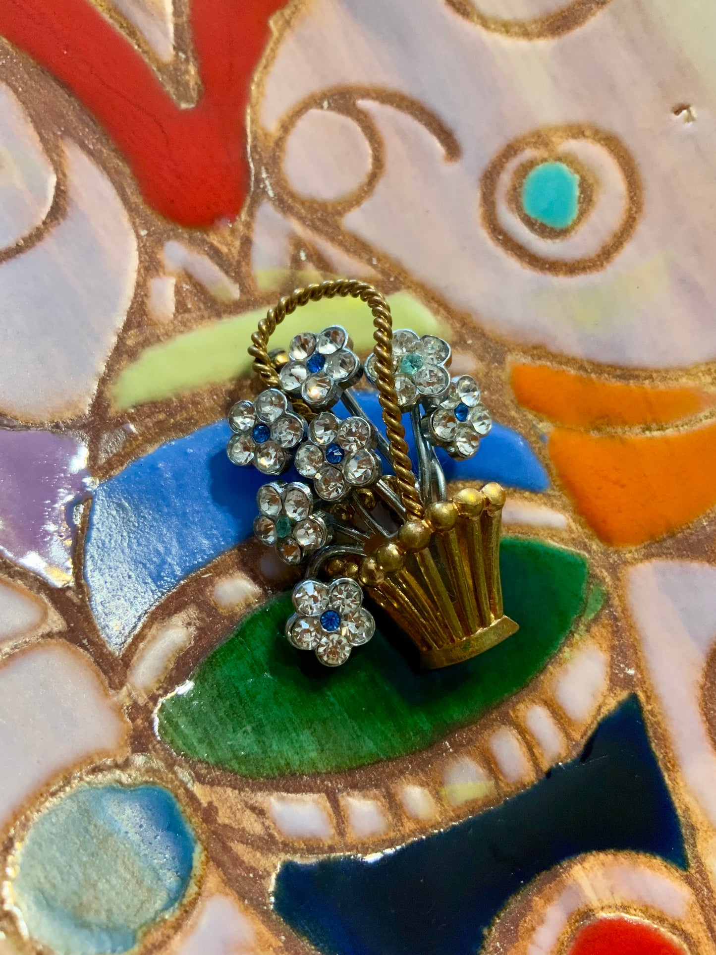 Broche Ancienne bouquet de fleurs et pierres Art deco