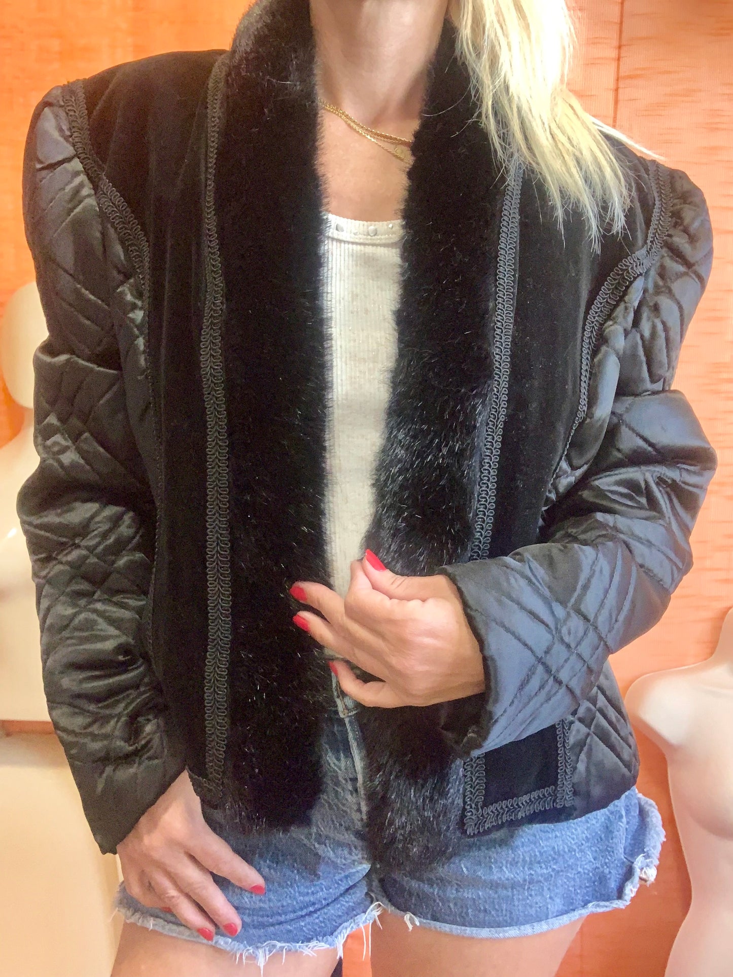 Veste matelassée Vintage 1980 Velours et fourrure synthétique- TU