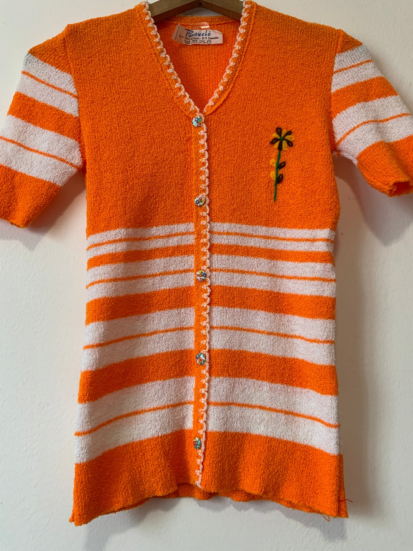 Gilet laine bouclée orange Vintage 1970 - T38 maxi.