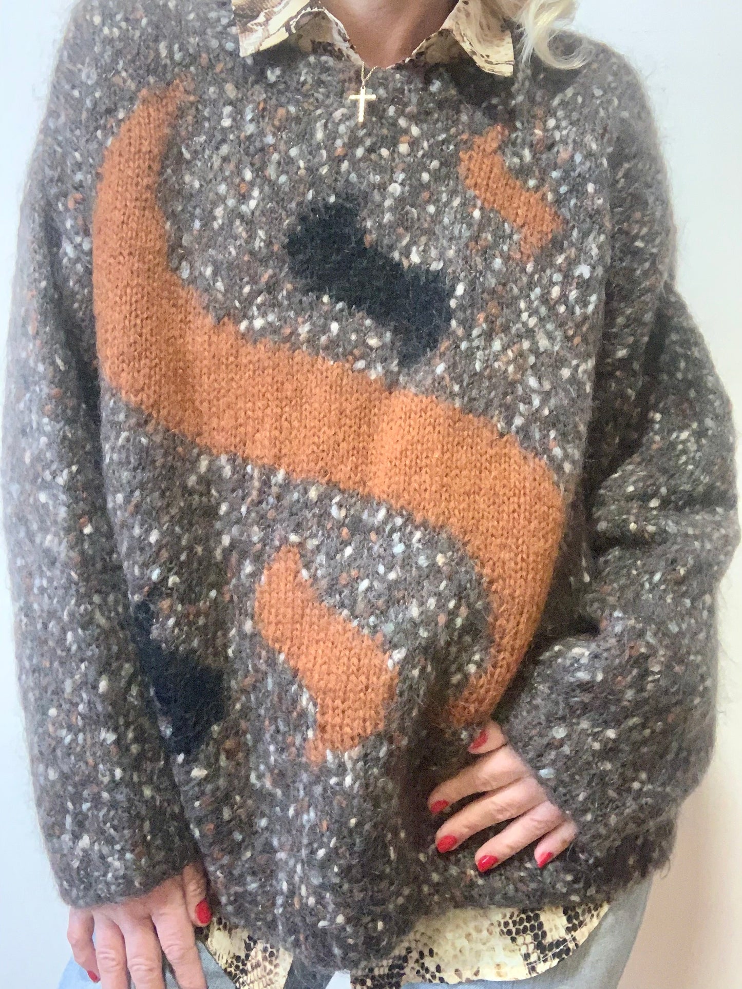 Superbe Pull tricoté en laine et mohair Vintage 1980