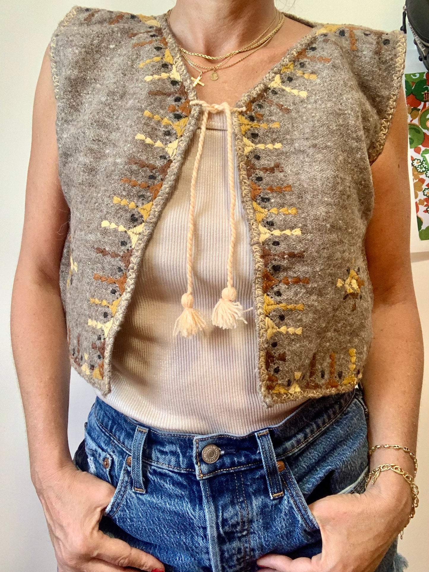 Gilet broderies Laine court Vintage- T38