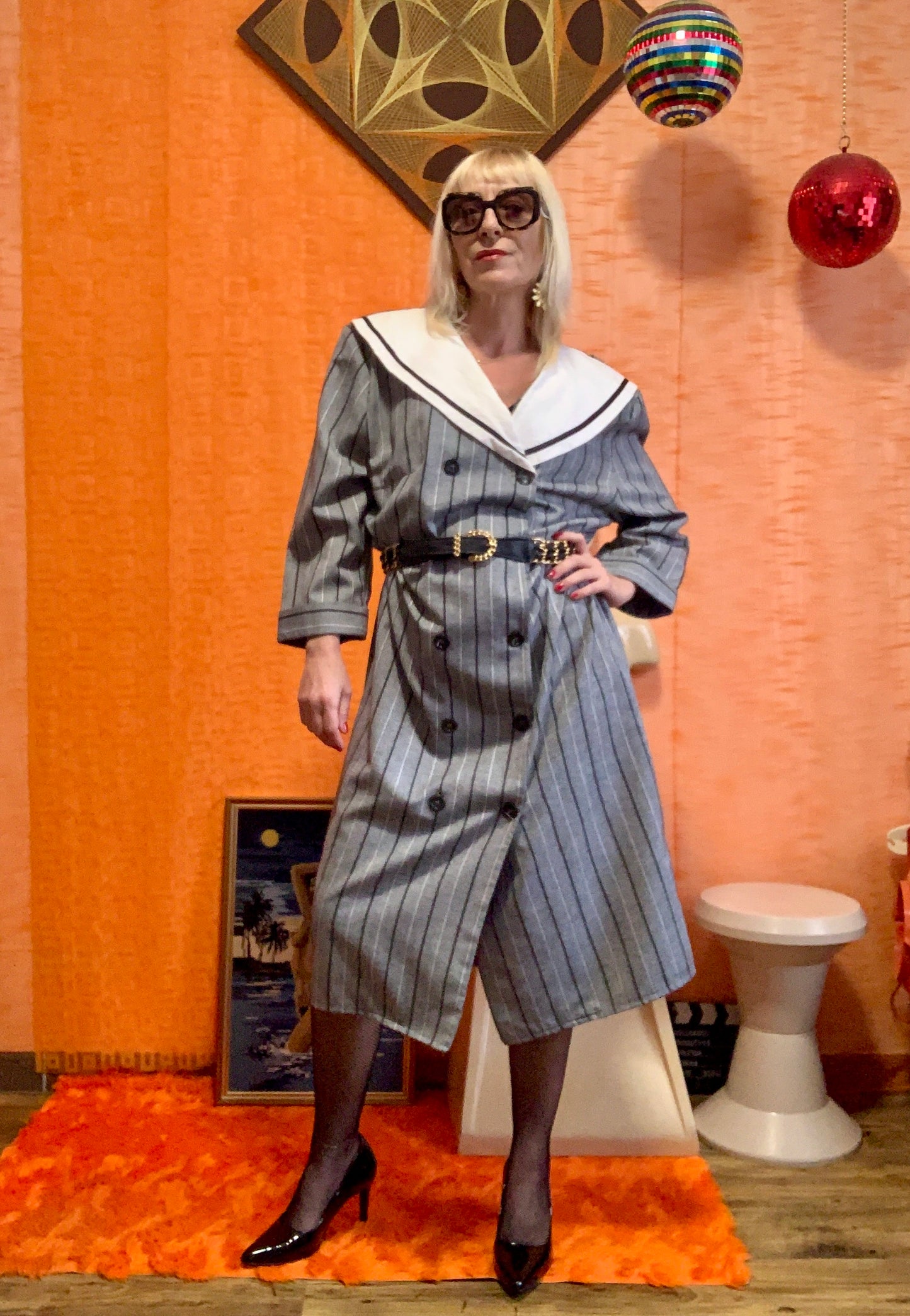 Robe Boutonnée Rayures Grand Col Marin France 1980