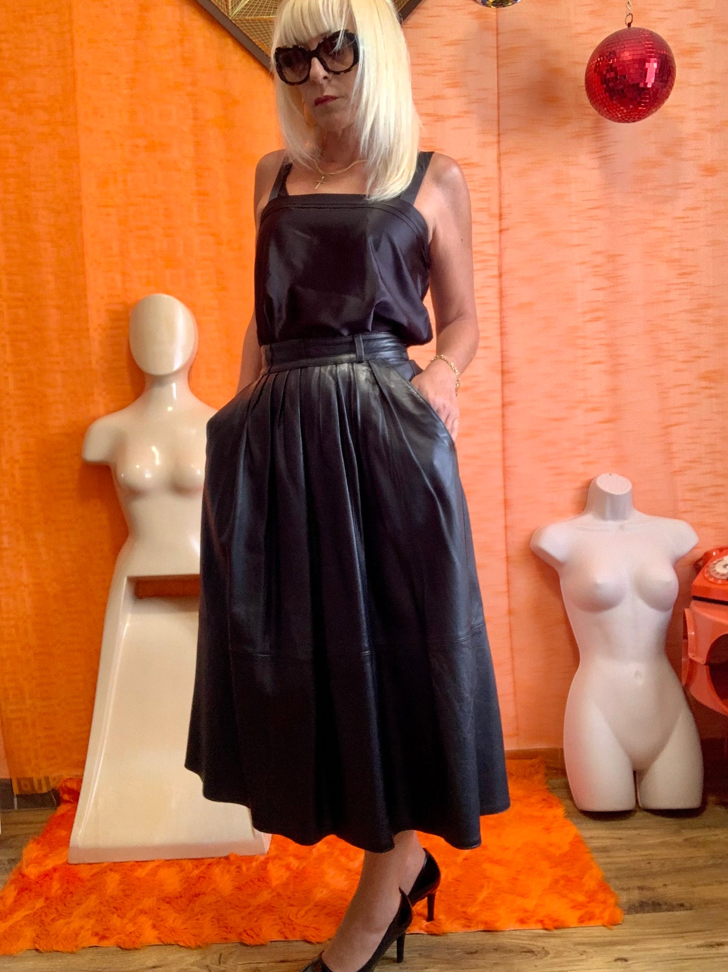 Longue Jupe cuir noir Vintage 1980- T34/36