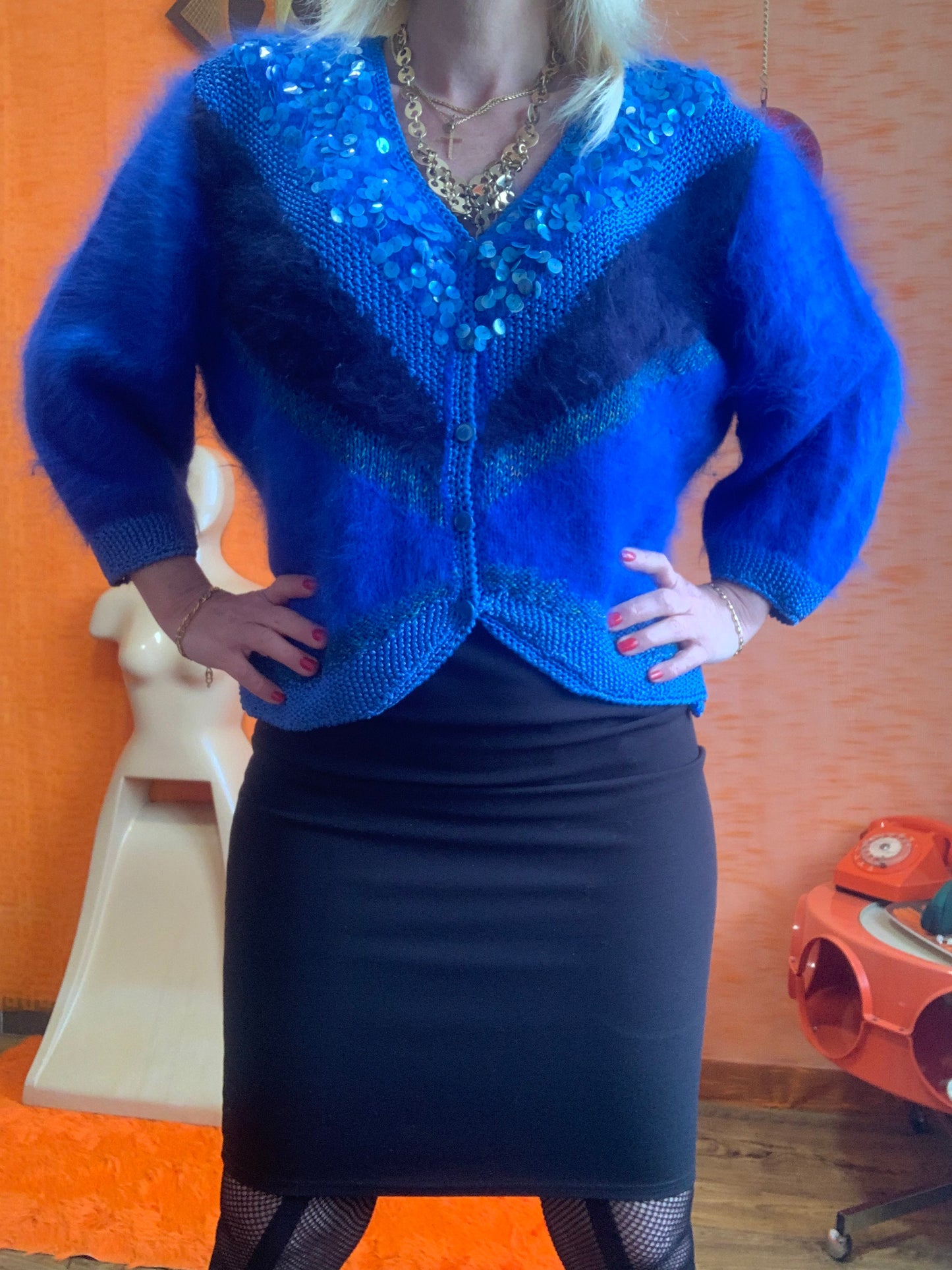 Anny Blatt Gilet Pull Bleu electrique Vintage 1990 - T42/44