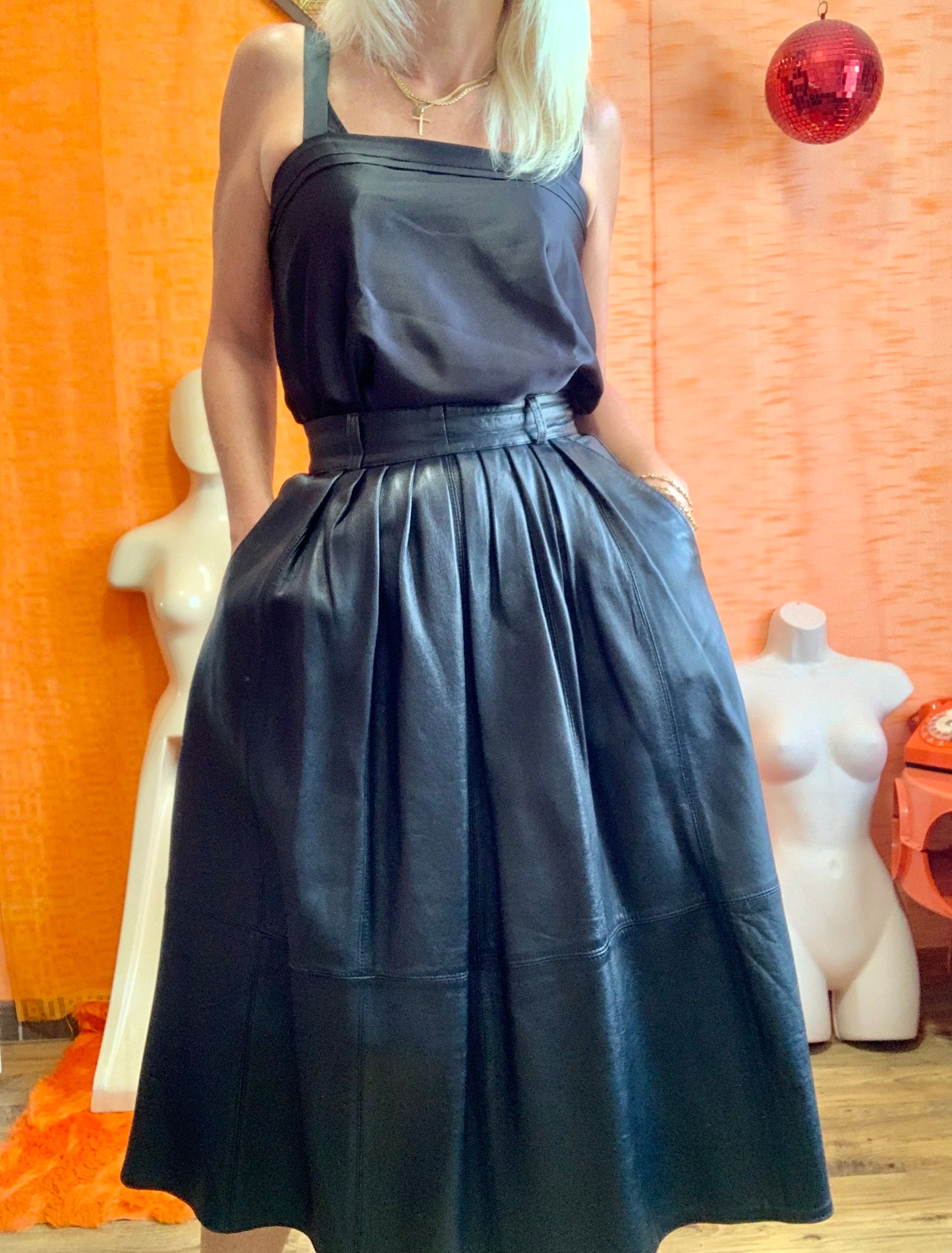 Longue Jupe cuir noir Vintage 1980- T34/36