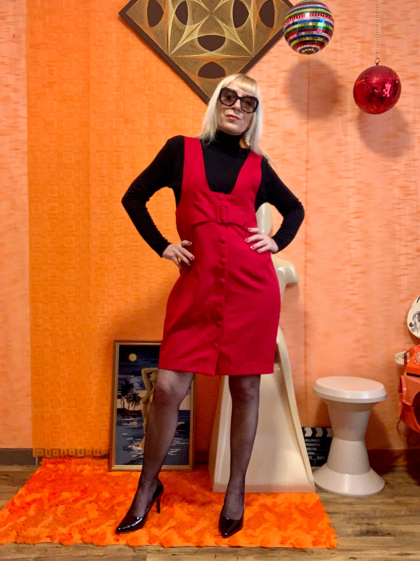 Robe Boutonnée Rouge Façon Bretelle Vintage 1990 France