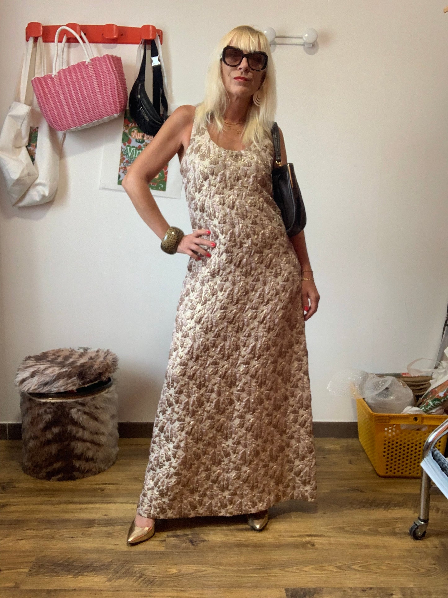 Robe Longue Vintage 1960 Confection main Tissu Brocart- T40 maxi.