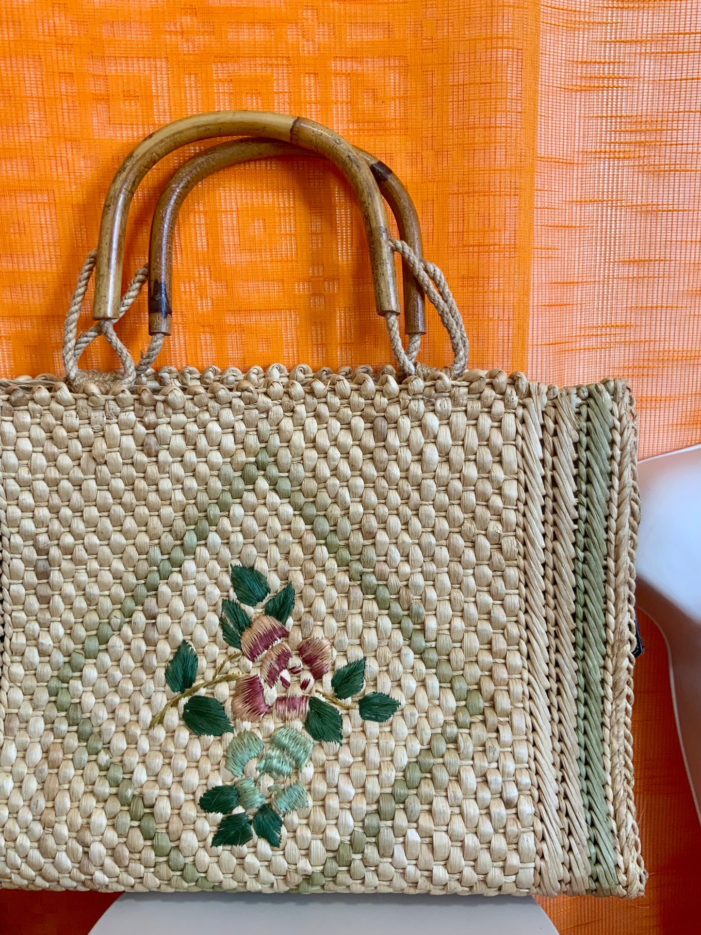 Très grand panier Italy Vintage Fleurs Paille tressée