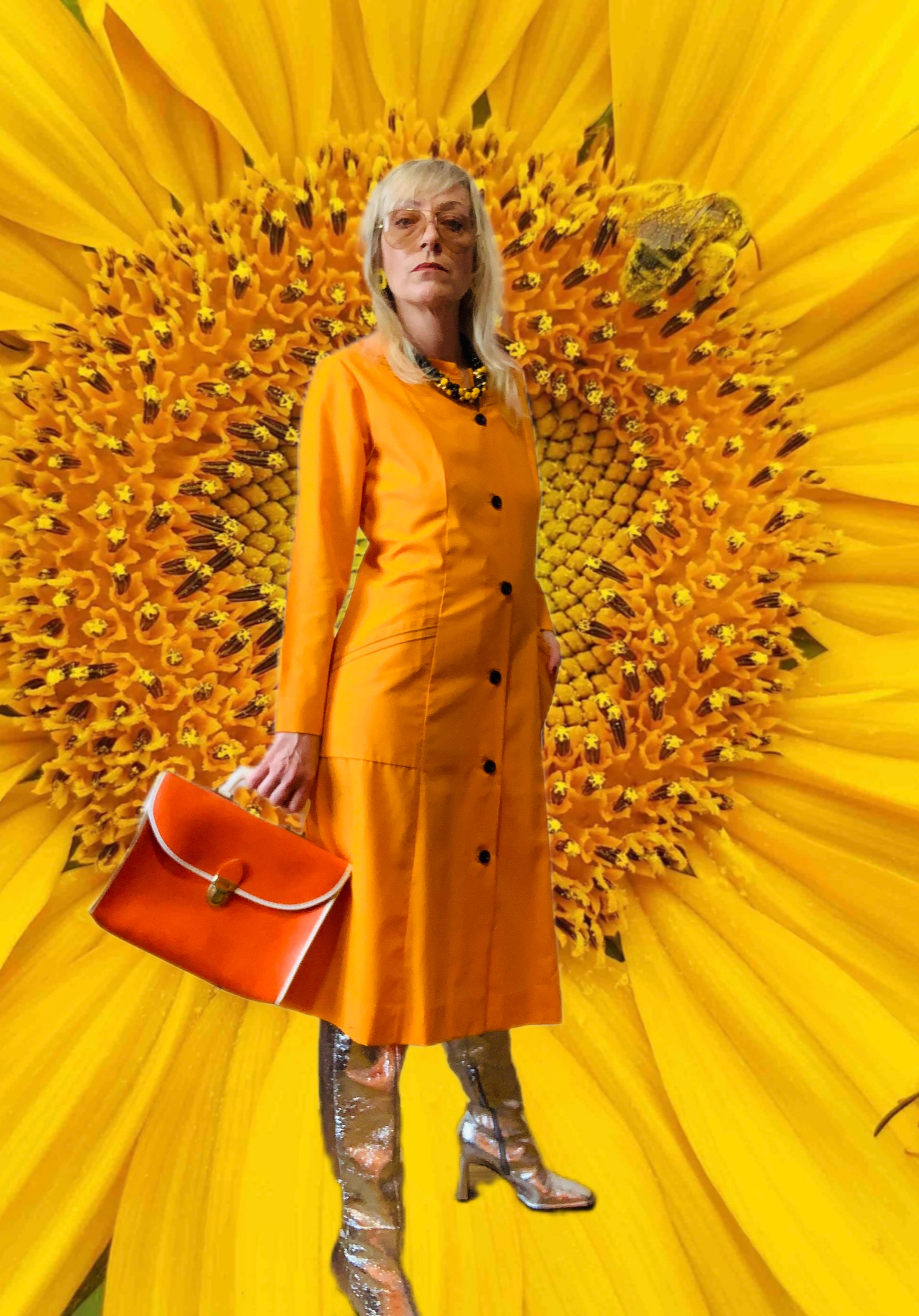 Grande blouse robe boutonnée Orange Vintage Original 1970 France Deadstock- T38