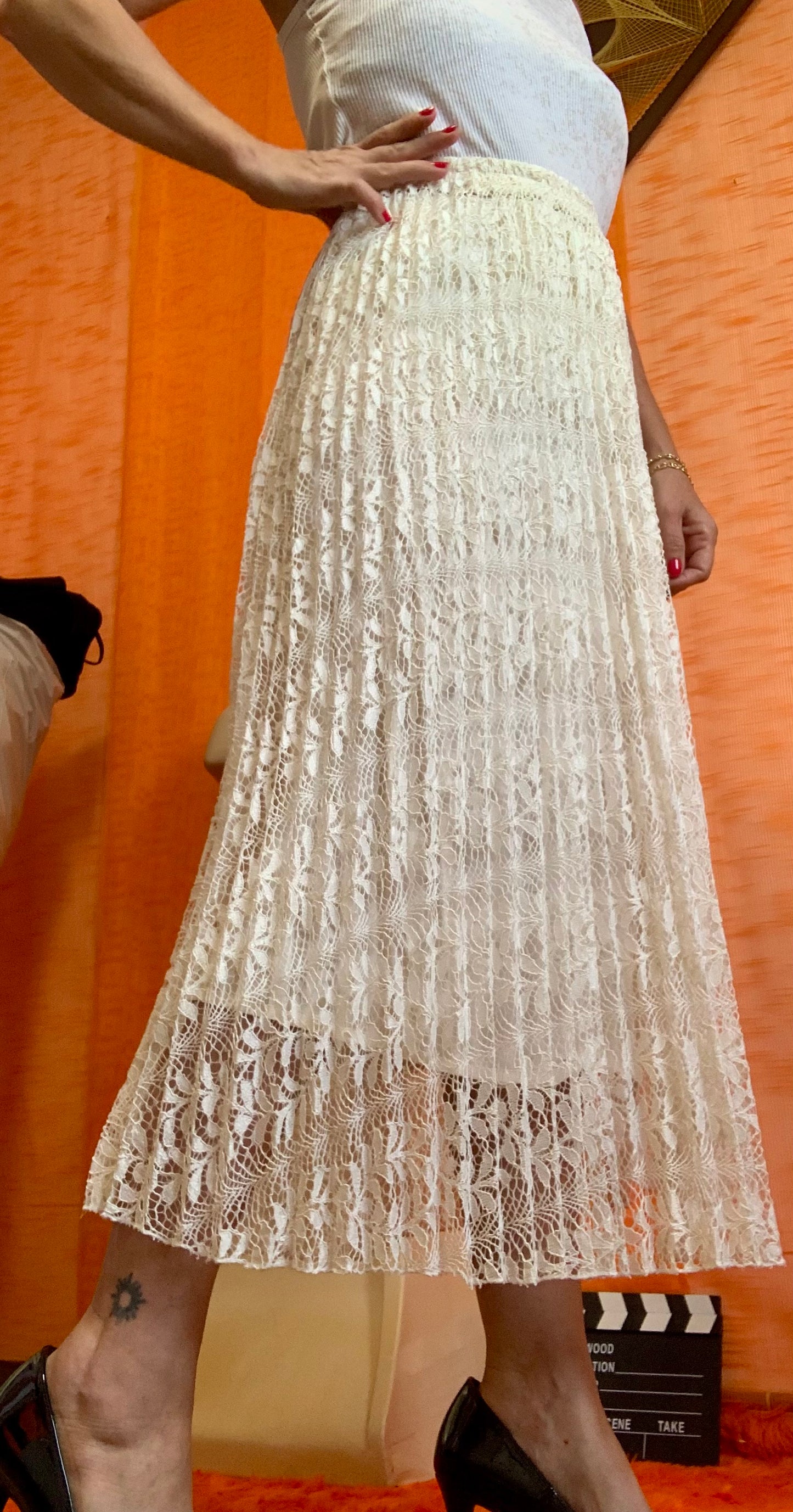 Jupe plissée Neuve Longue Vintage 1990 Ange - Dentelle fleurs - TUnique.