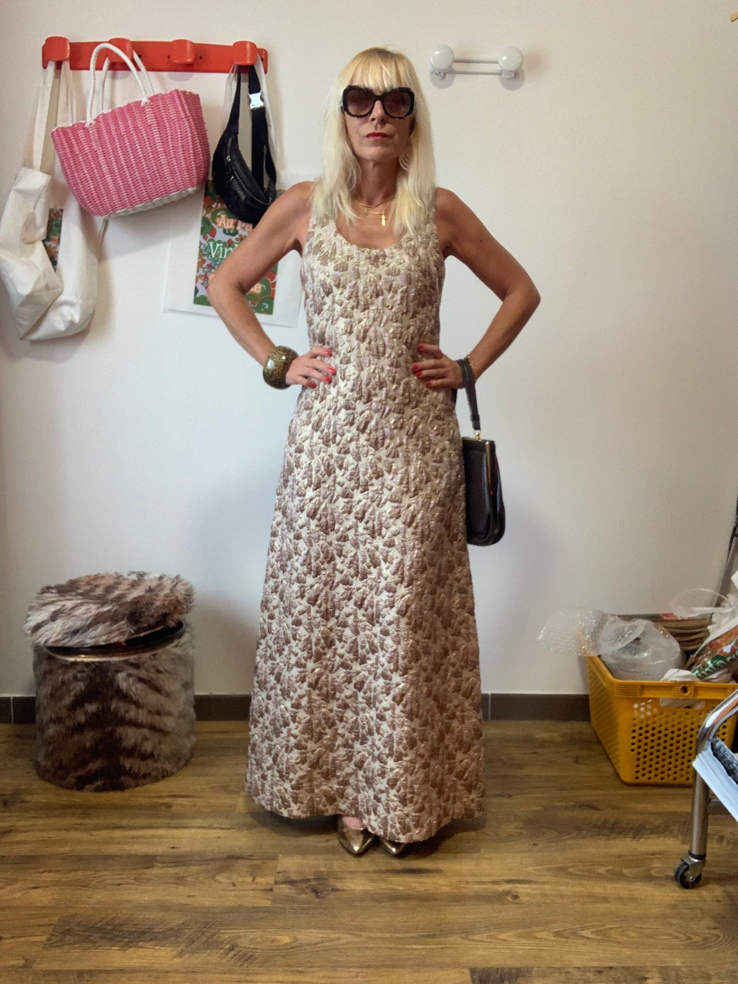 Robe Longue Vintage 1960 Confection main Tissu Brocart- T40 maxi.
