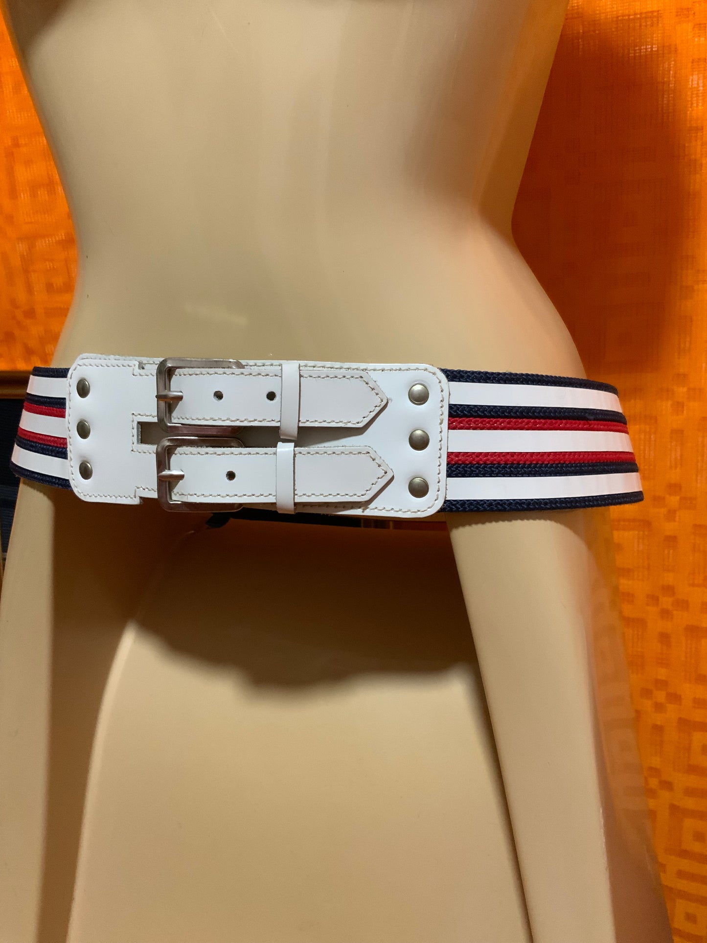 Ceinture Bleu blanc rouge Cuir blanc Vintage 1980 - T38