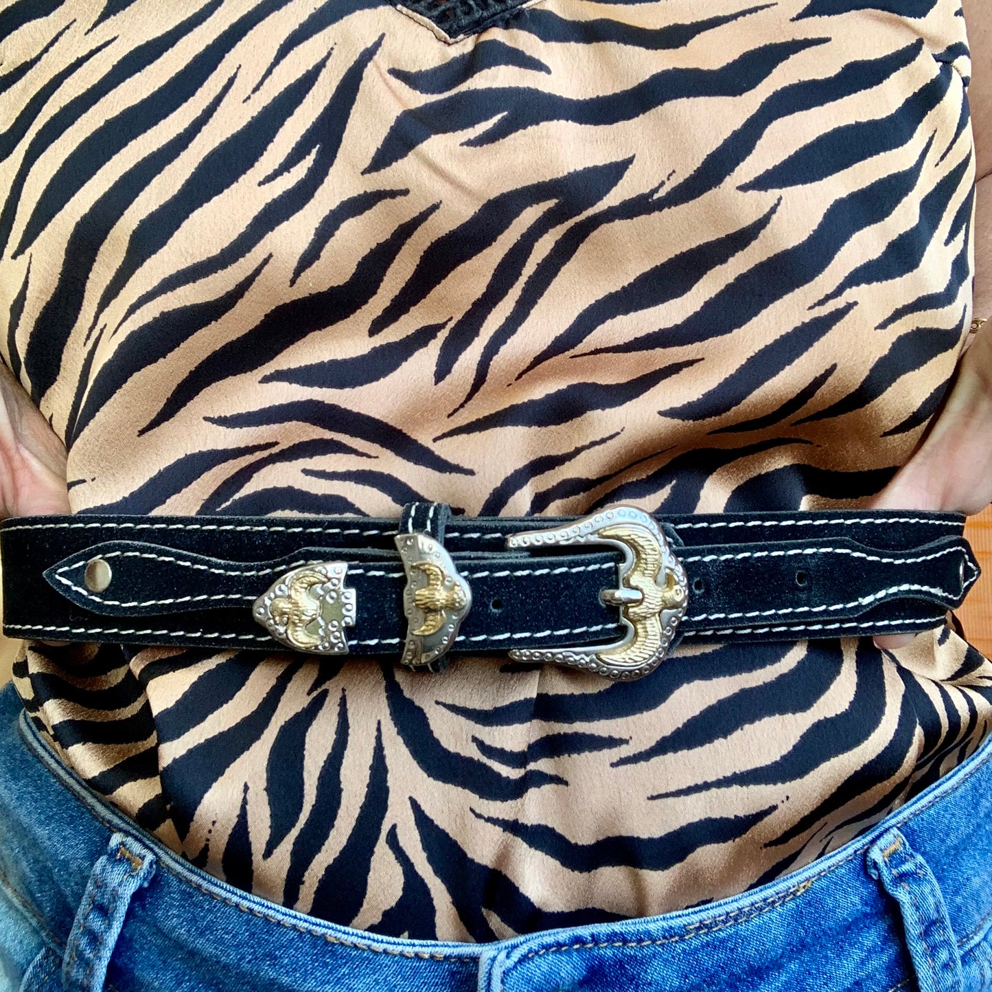 Ceinture Western Daim Noir Vintage 1990- T38 maxi.