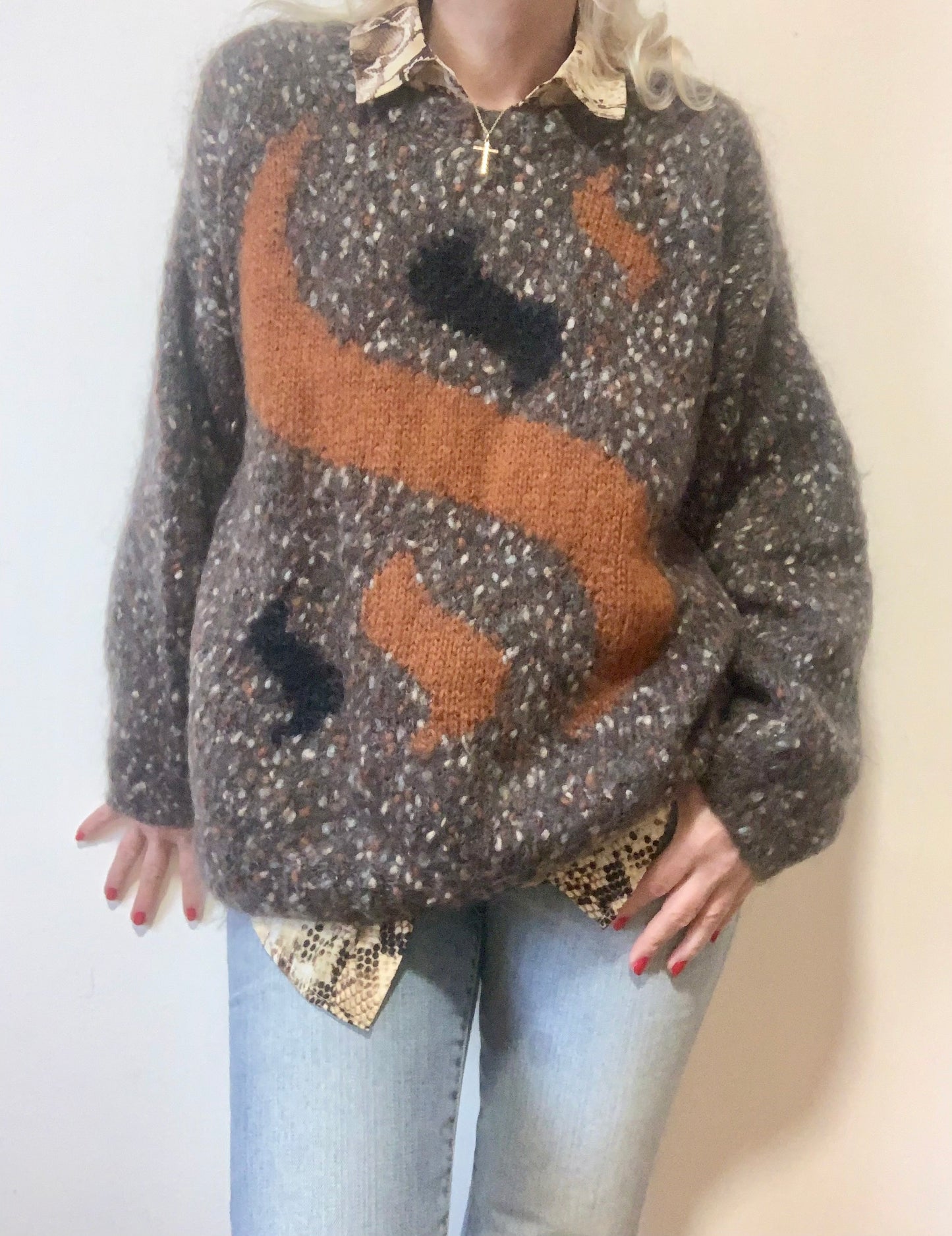 Superbe Pull tricoté en laine et mohair Vintage 1980