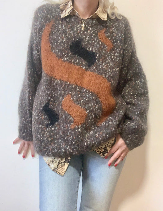 Superbe Pull tricoté en laine et mohair Vintage 1980