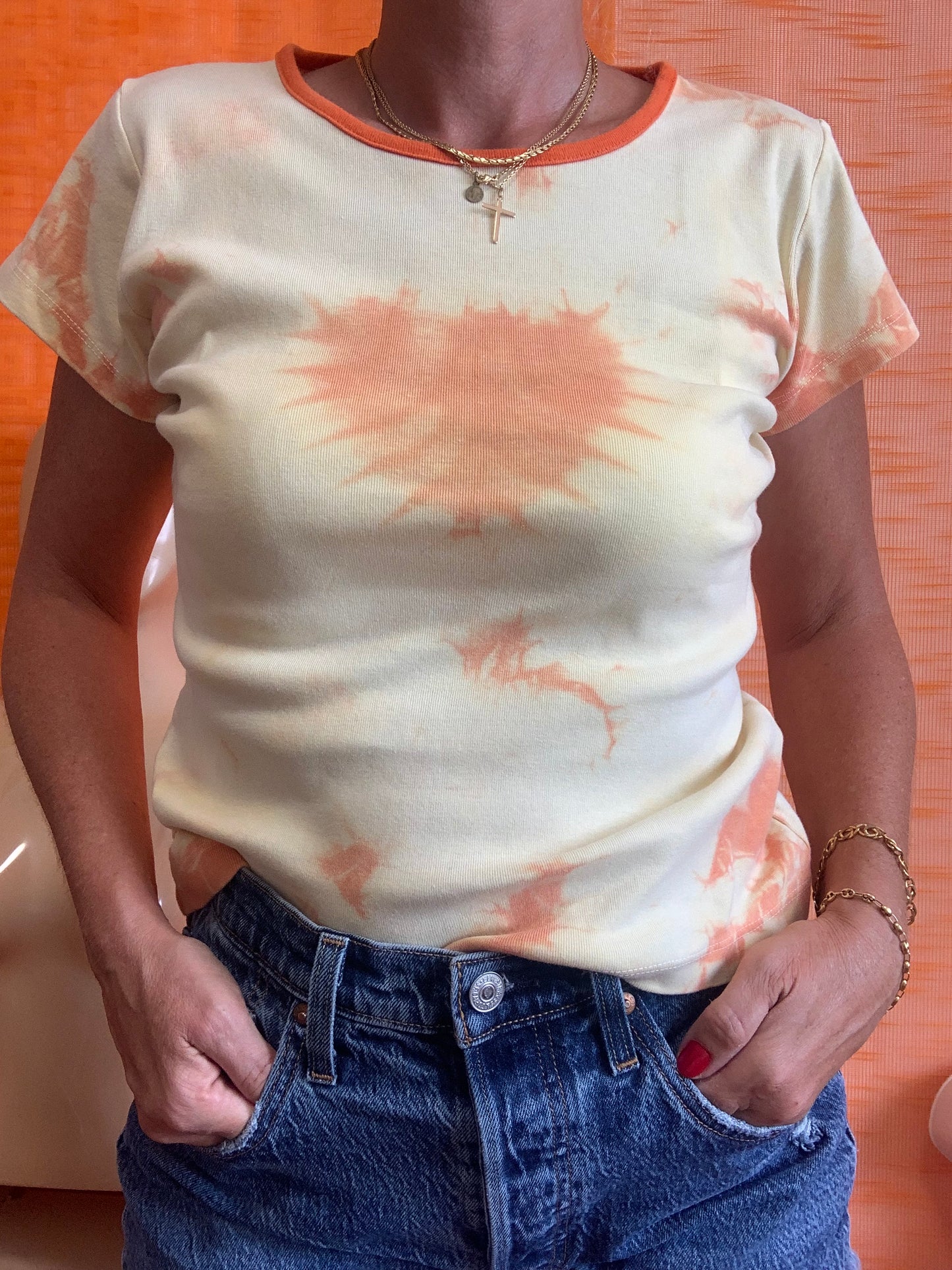 T shirt Orange Coeur Coton Tie and Dye Vintage 1990- T38