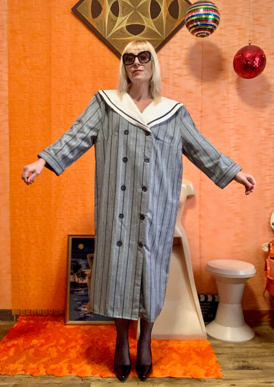 Robe Boutonnée Rayures Grand Col Marin France 1980