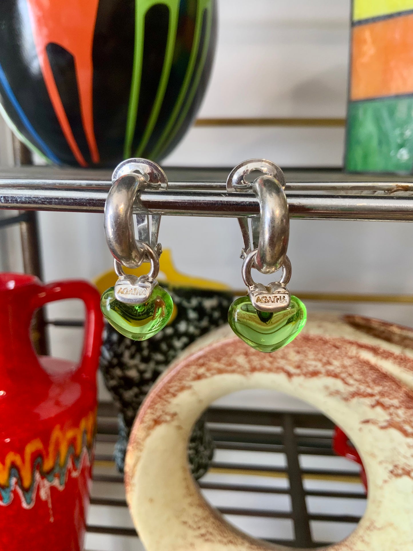 Boucles d’oreilles anneaux et Coeur de verre Agatha Paris Vintage 1990