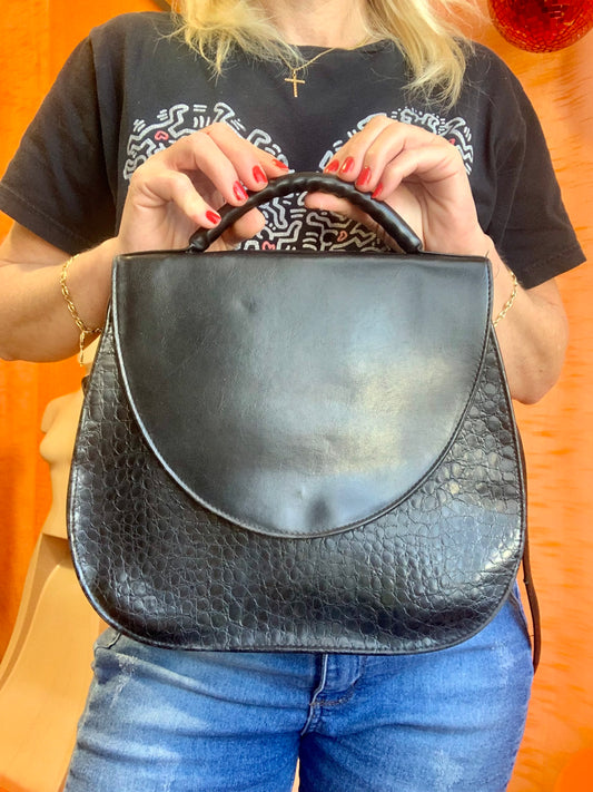 Sac à main grains croco Cuir Noir Vintage 1990-