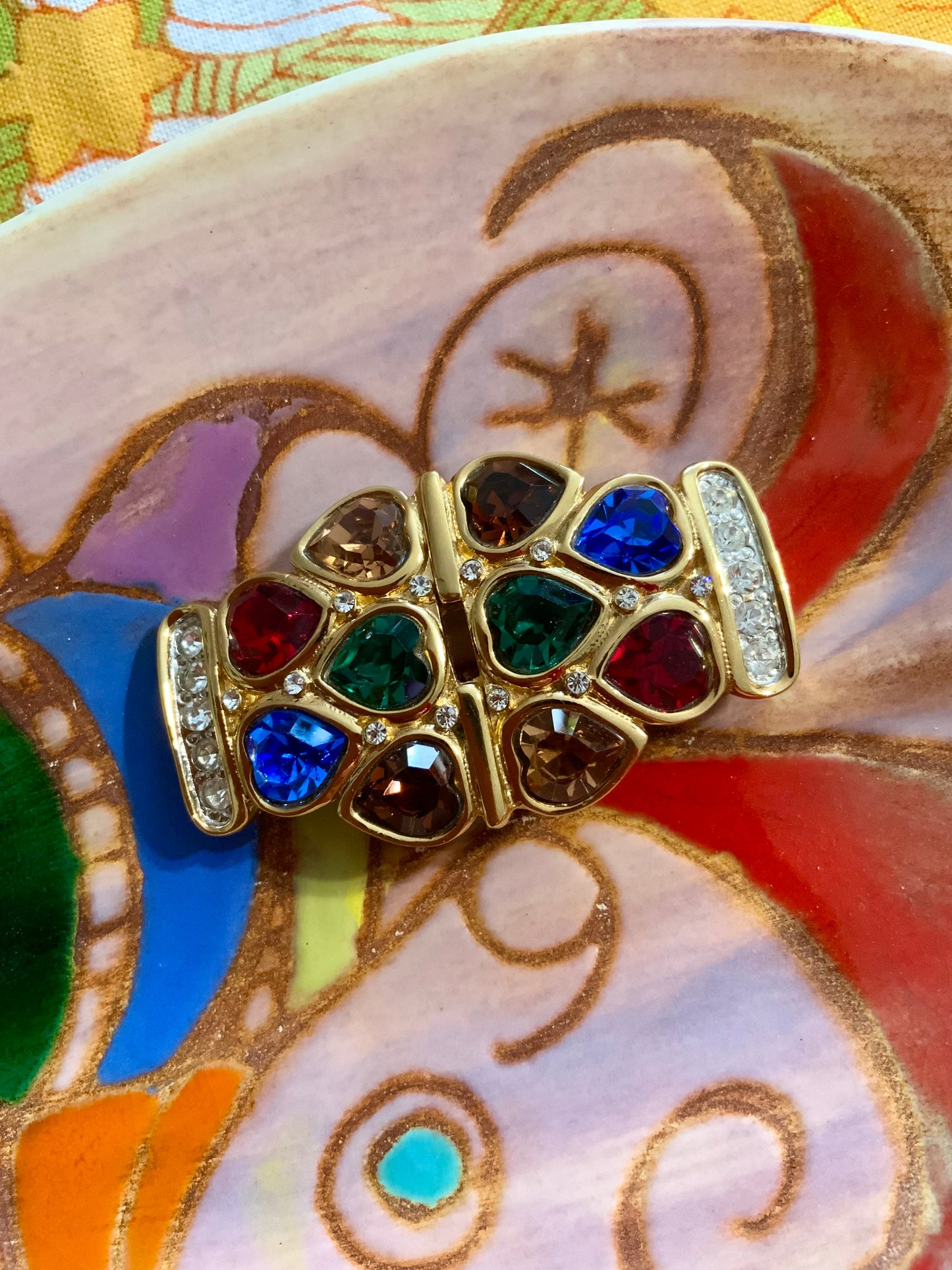 Broche Vintage Coeurs strass Pierres Métal