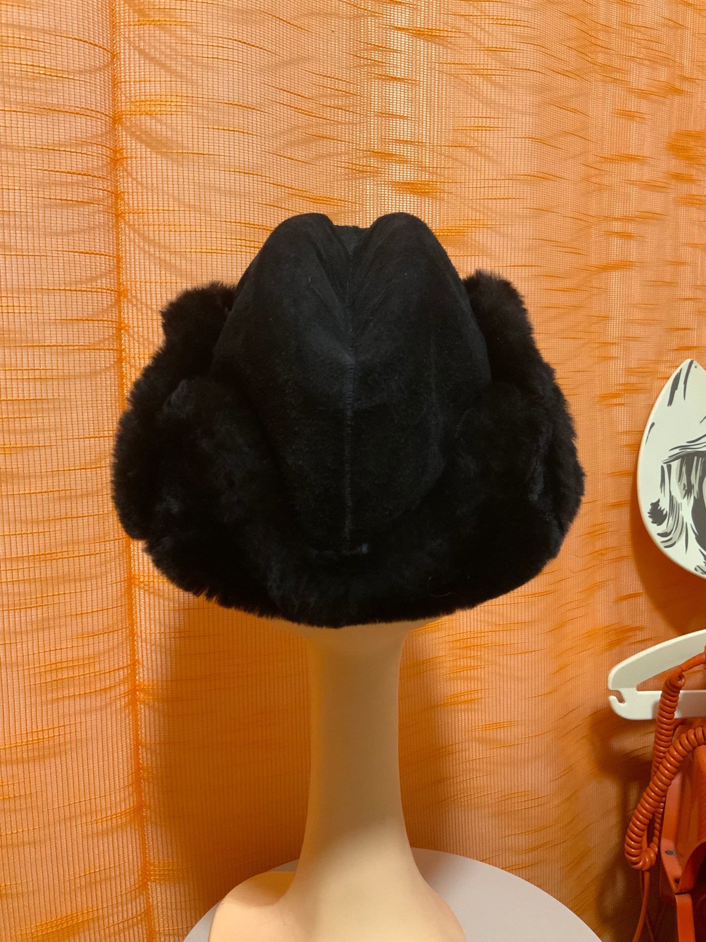 Chapeau Toque Cuir daim et fourrure synthétique Noire Vintage 1970