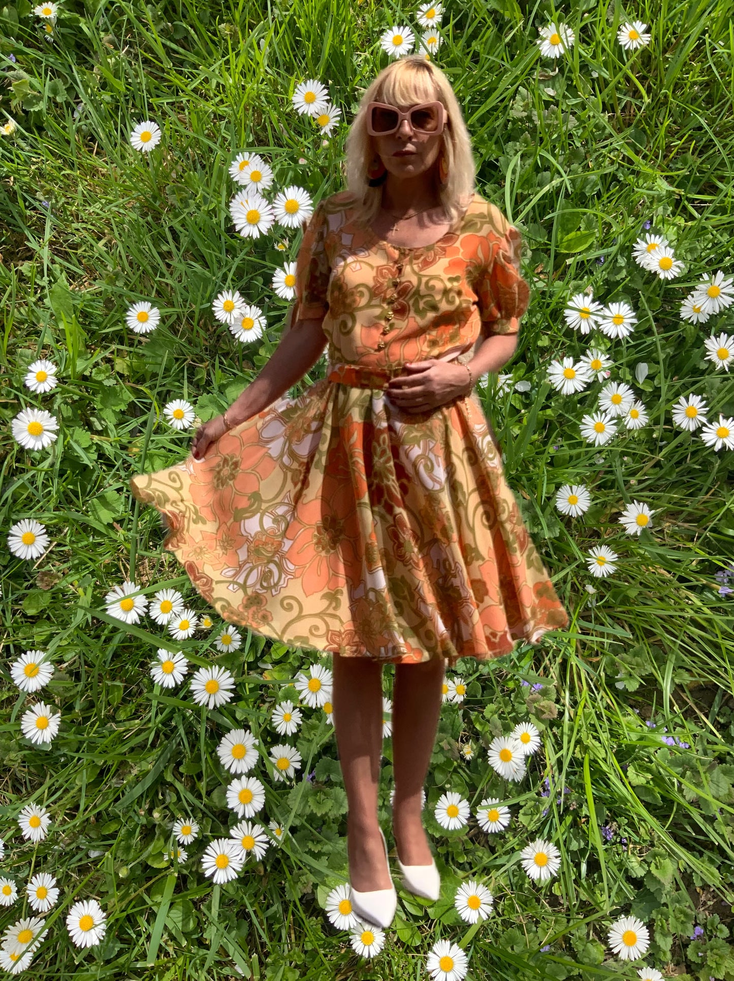 Superbe robe Mousseline Fleurs oranges Vintage 1960/70- T38/40