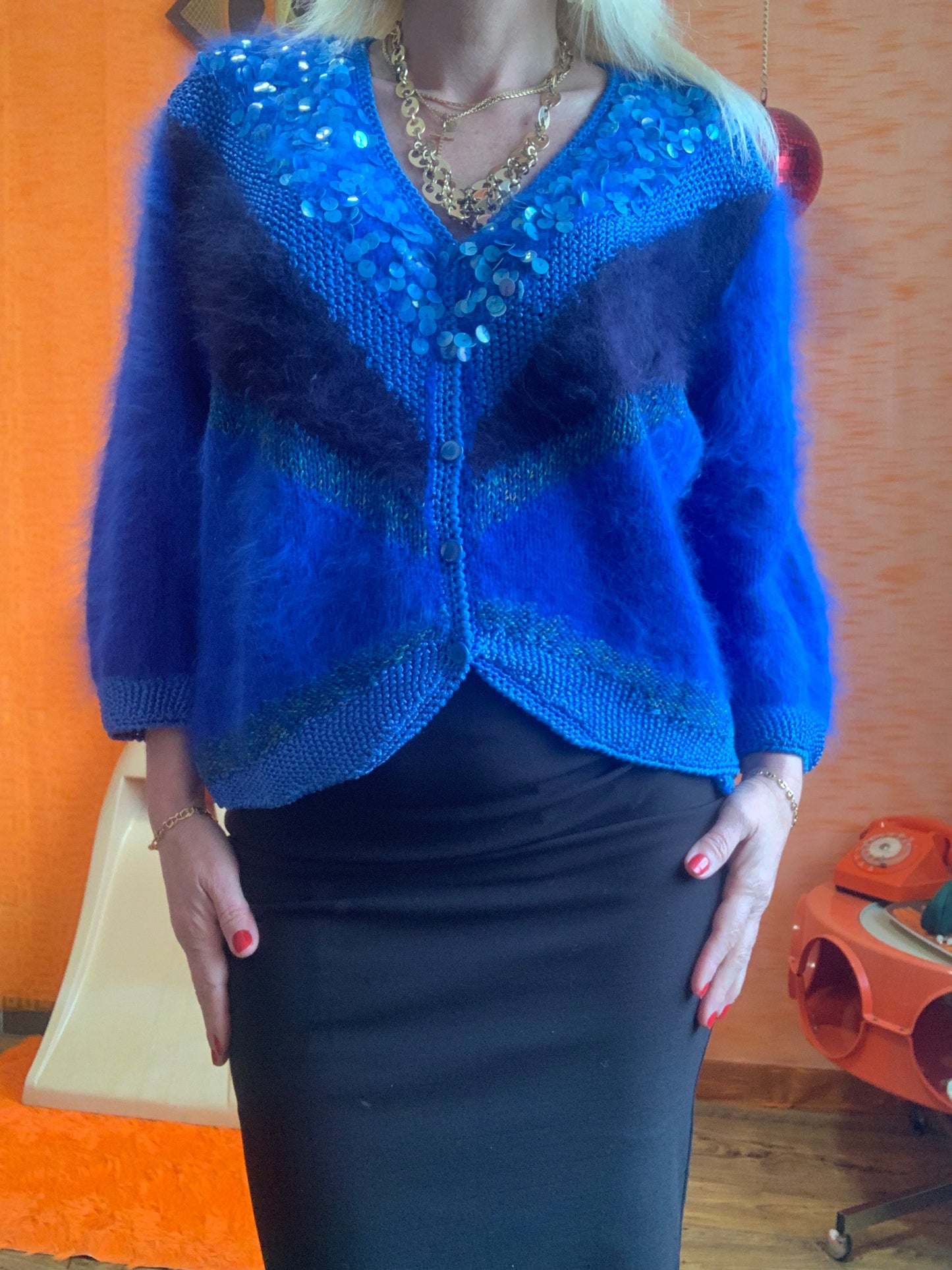 Anny Blatt Gilet Pull Bleu electrique Vintage 1990 - T42/44