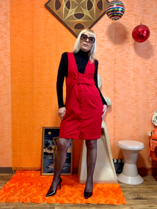 Robe Boutonnée Rouge Façon Bretelle Vintage 1990 France