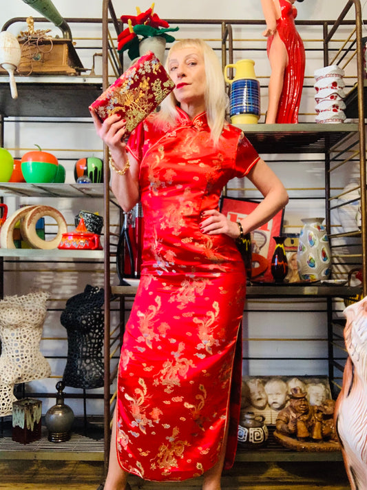 Superbe Robe Chinoise Soie Rouge Dragons-T36