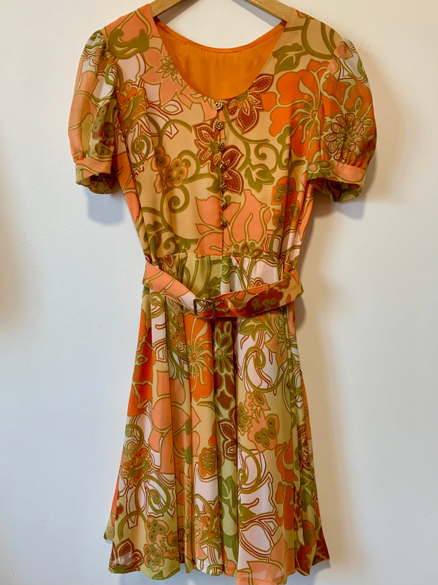 Superbe robe Mousseline Fleurs oranges Vintage 1960/70- T38/40