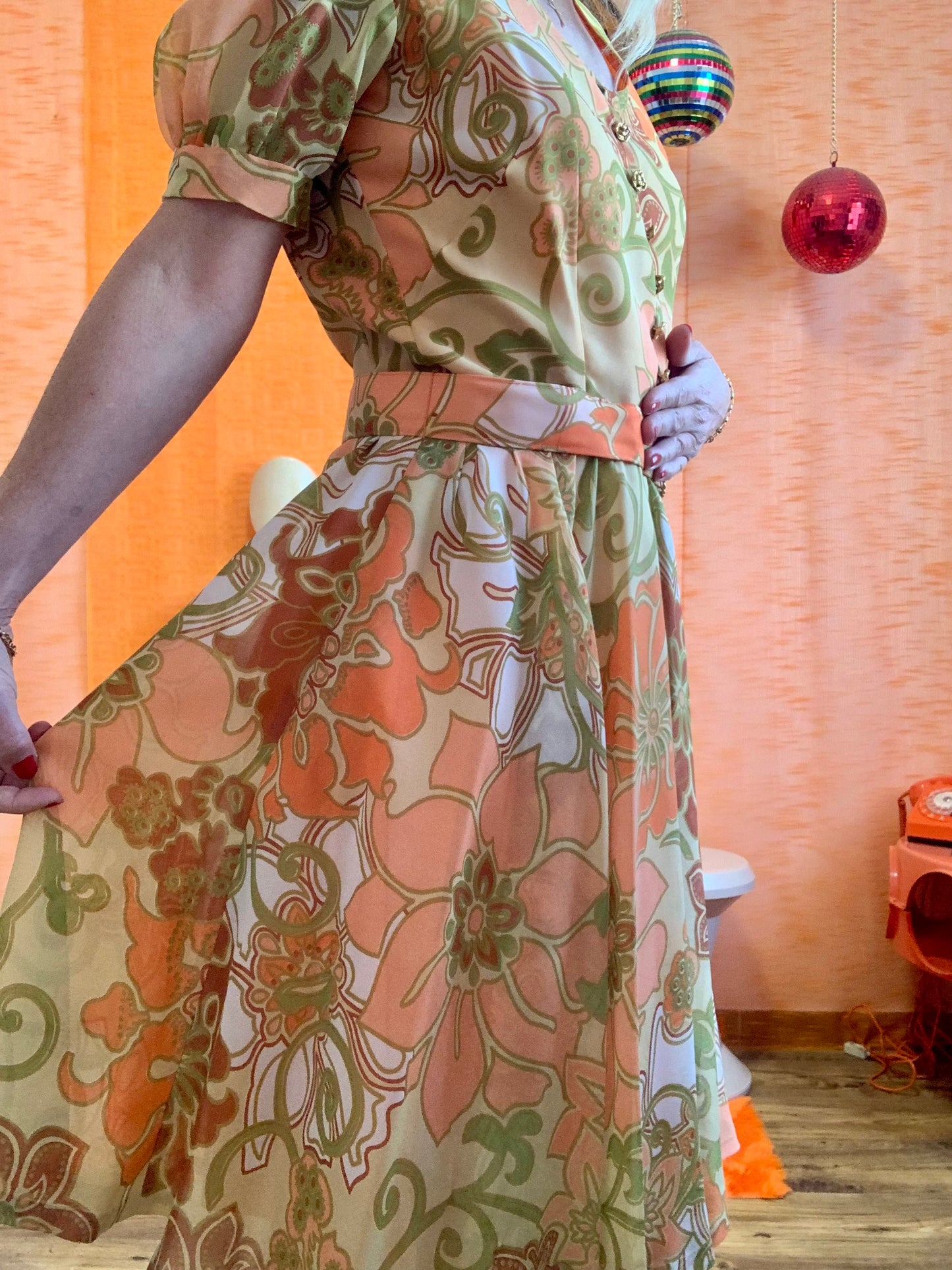 Superbe robe Mousseline Fleurs oranges Vintage 1960/70- T38/40
