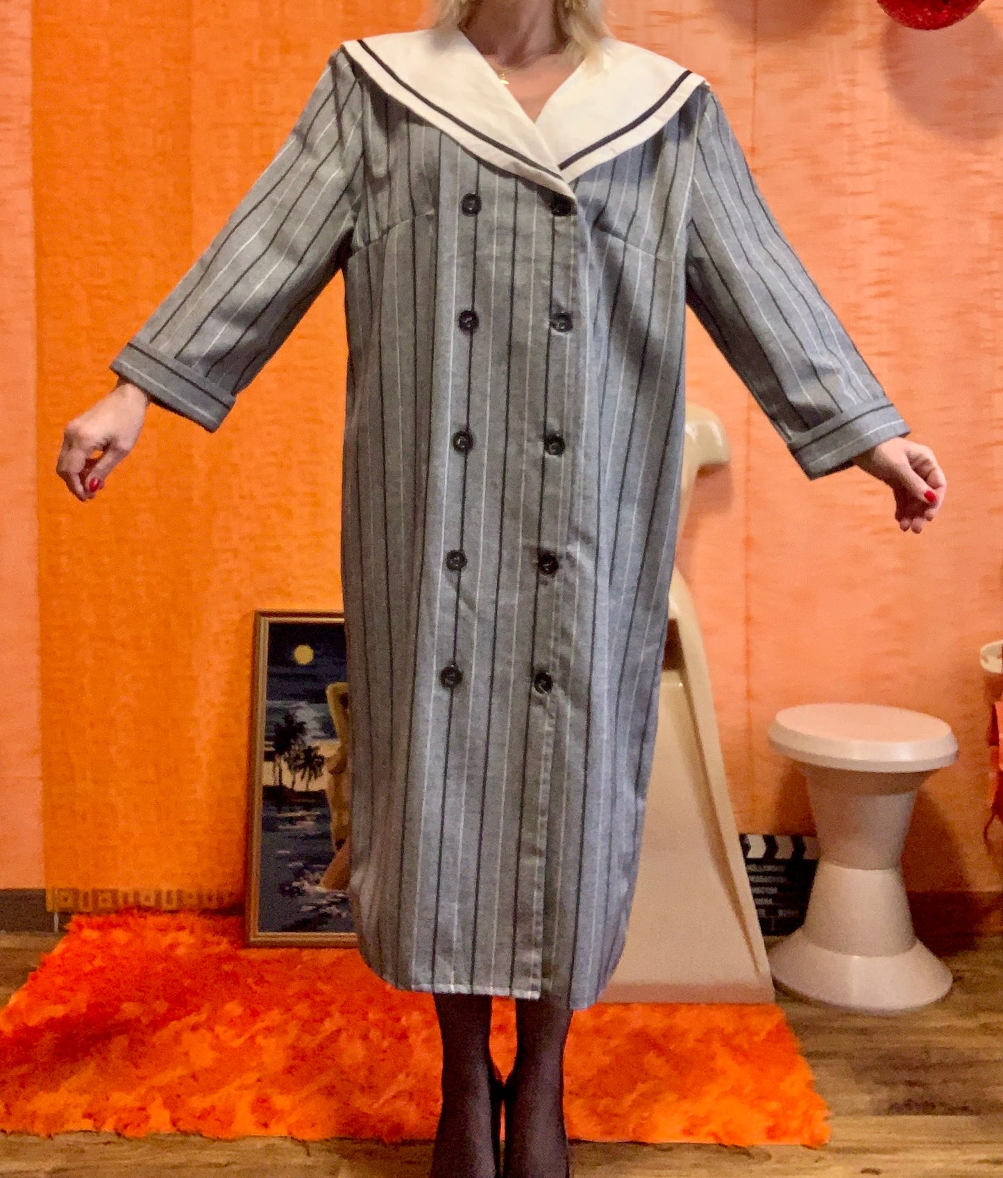 Robe Boutonnée Rayures Grand Col Marin France 1980