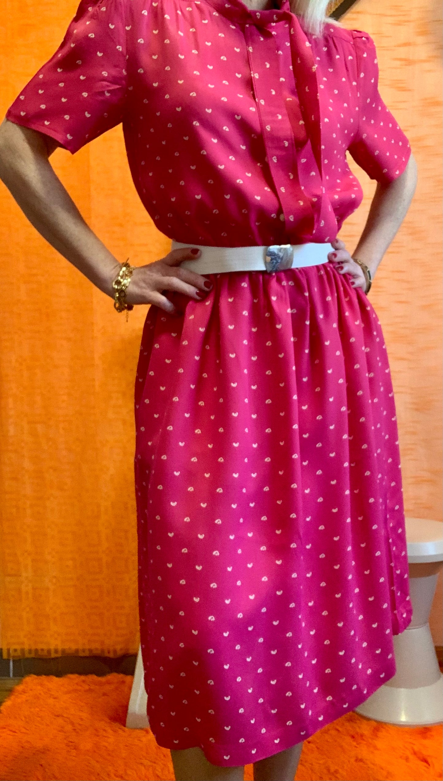 Robe Vintage 1980 Rose bonbon a col Lavallière - T40