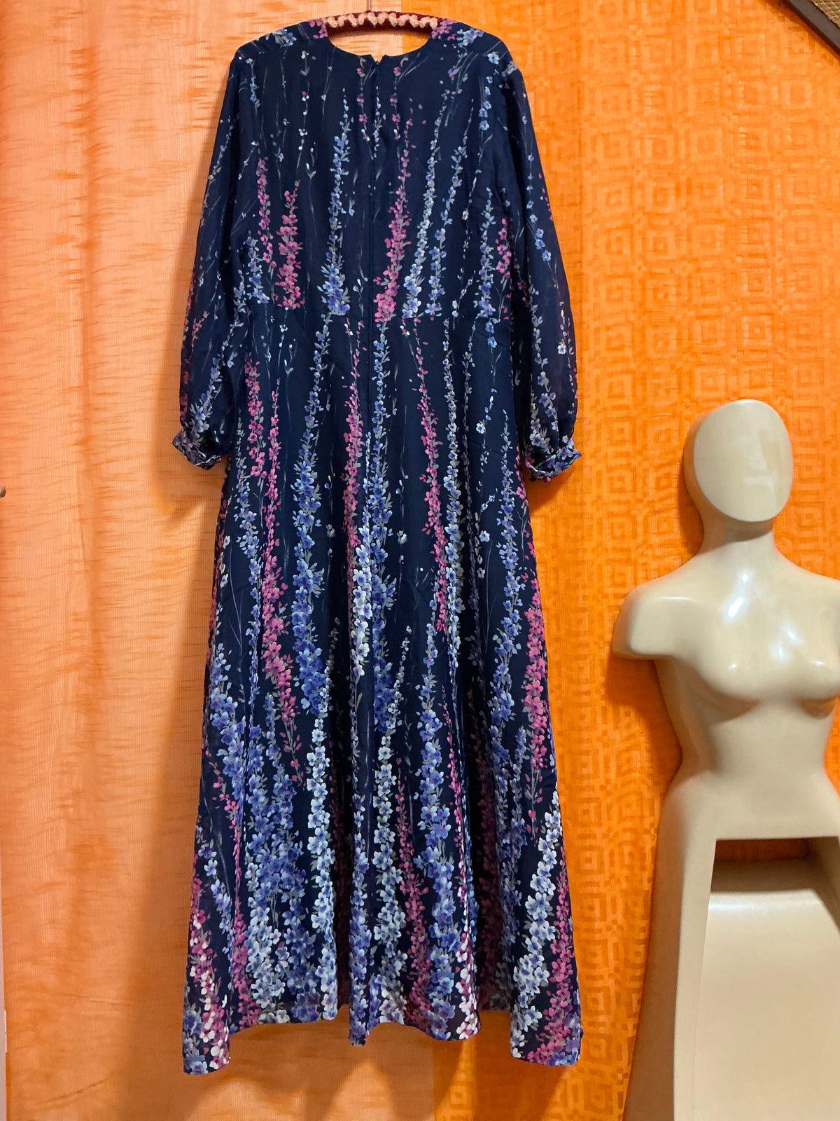 Robe Longue Tergal Mousseline à Fleurs Creation Vintage 1970- T46maxi.