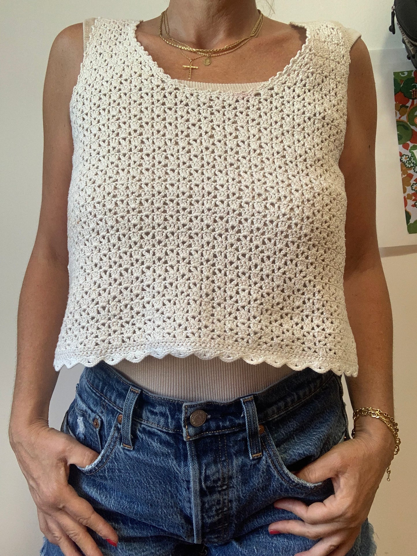 Débardeur Crop Top mailles crochets Bohème Chic 1990- TU Fait main Vintage.