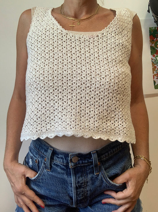 Débardeur Crop Top mailles crochets Bohème Chic 1990- TU Fait main Vintage.