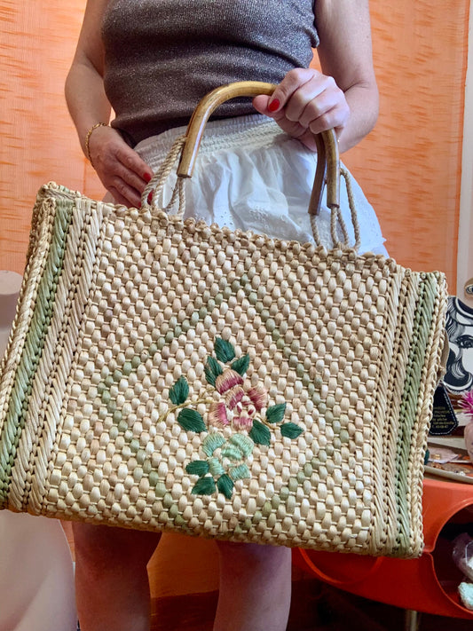 Très grand panier Italy Vintage Fleurs Paille tressée